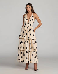 Mac Duggal Beige Halter Neck Polka Dot Ruffle Maxi Dress #27833 Black Ivory 