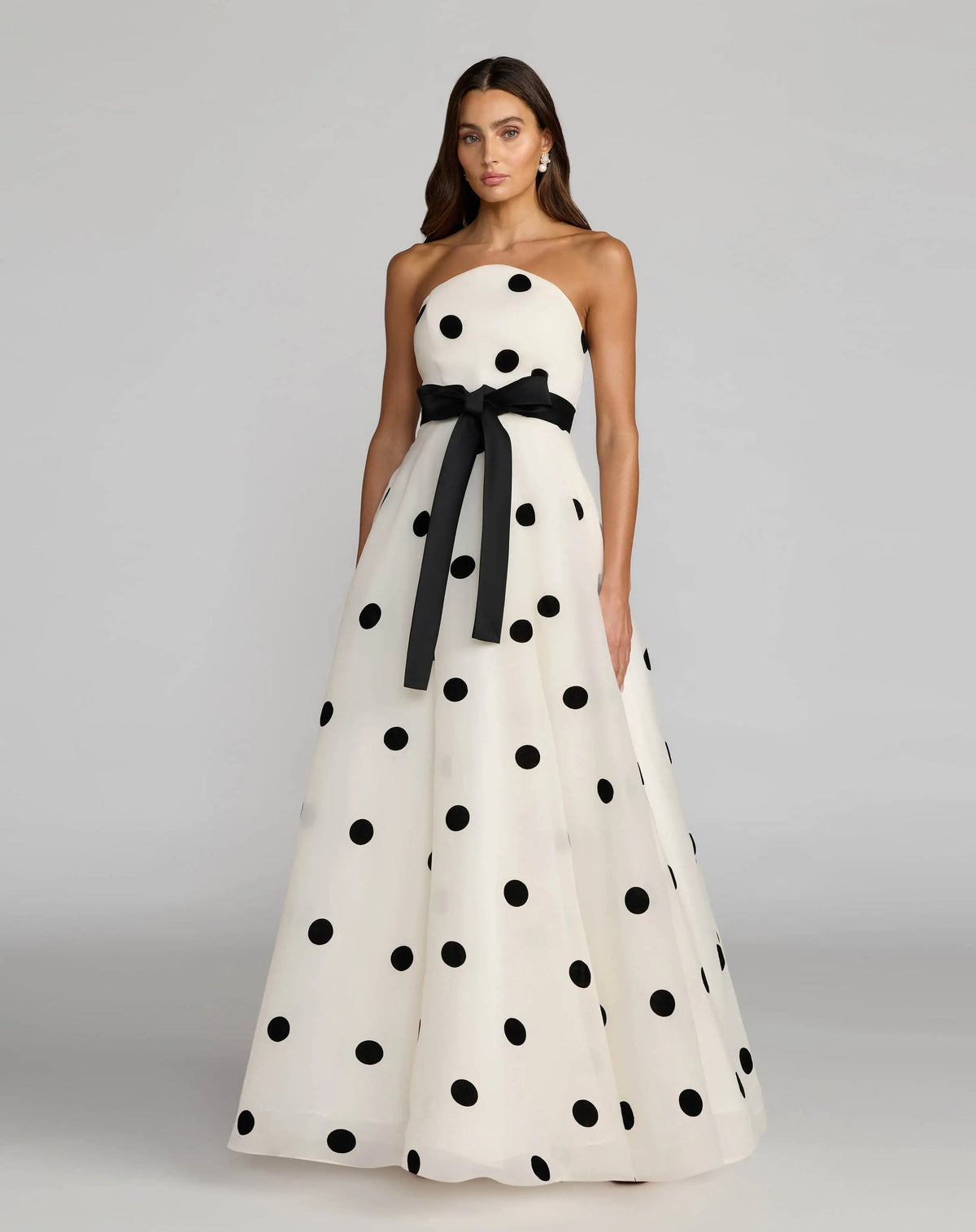 Mac Duggal White Strapless Polka Dot Organza Gown With Satin Bow #27834