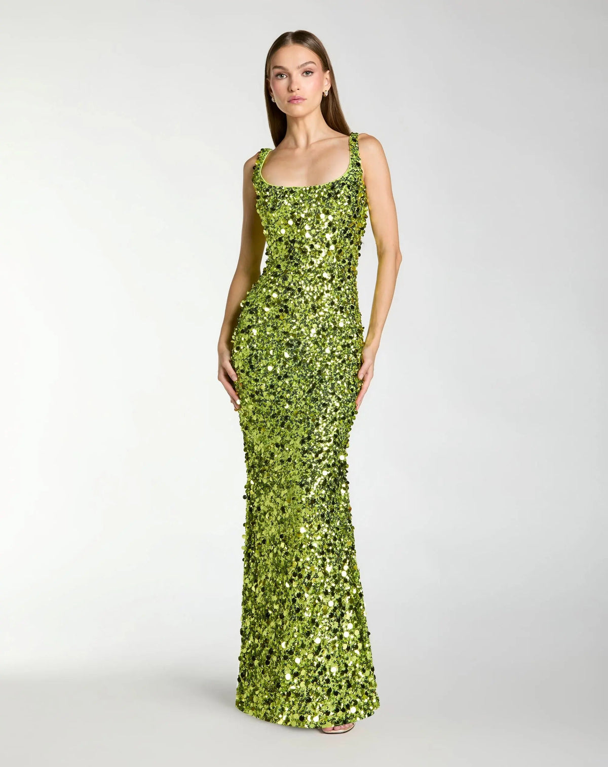 Mac Duggal #27838 apple green sleeveless paillette sequin column gown