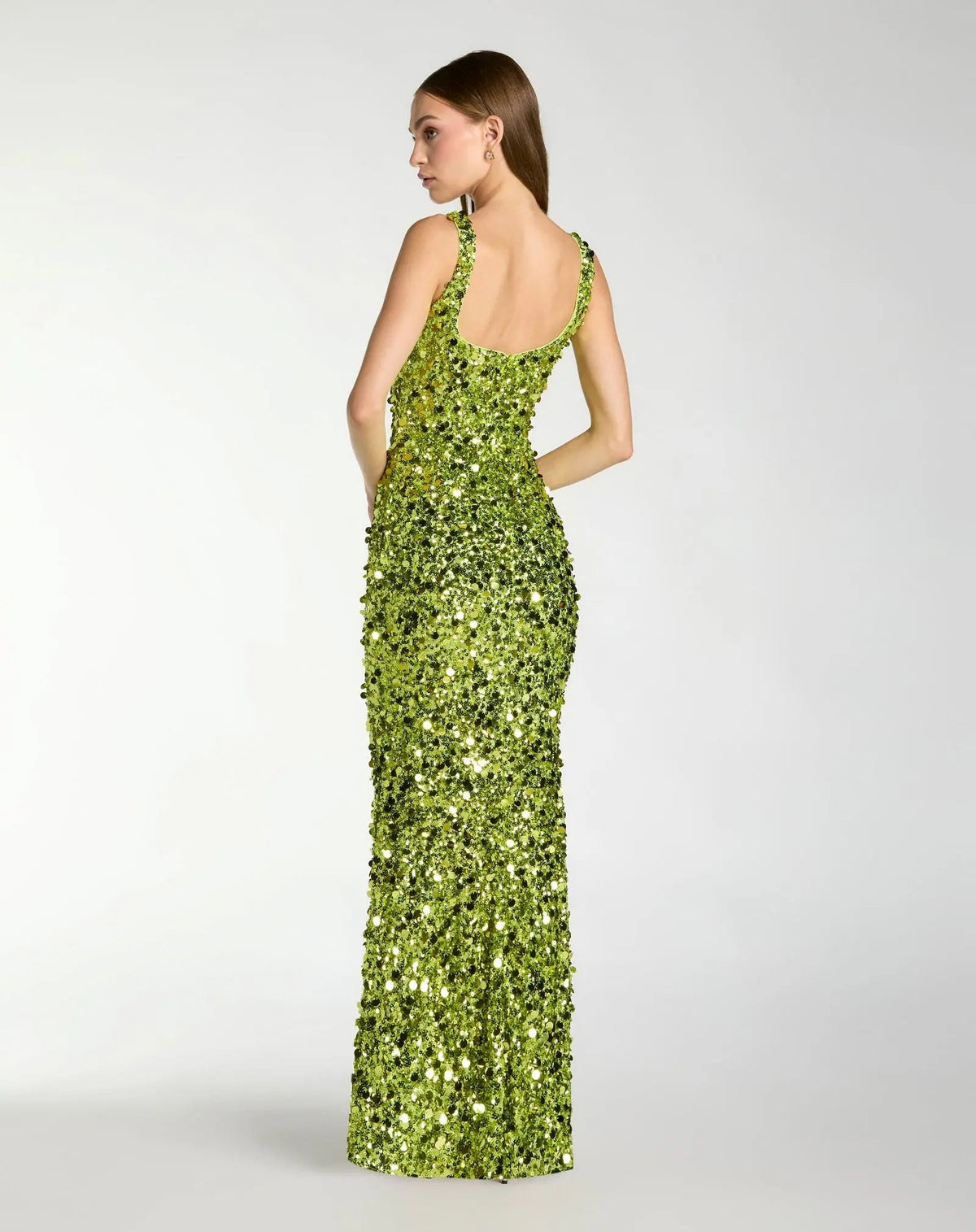 Mac Duggal #27838 apple green sleeveless paillette sequin column gown back