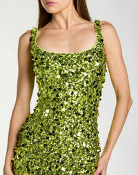 Mac Duggal #27838 apple green sleeveless paillette sequin column gown close-up