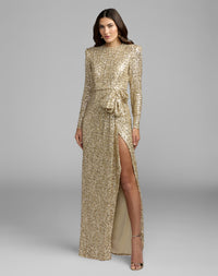 Mac Duggal #27852 champagne long sleeve sequin gown with bow