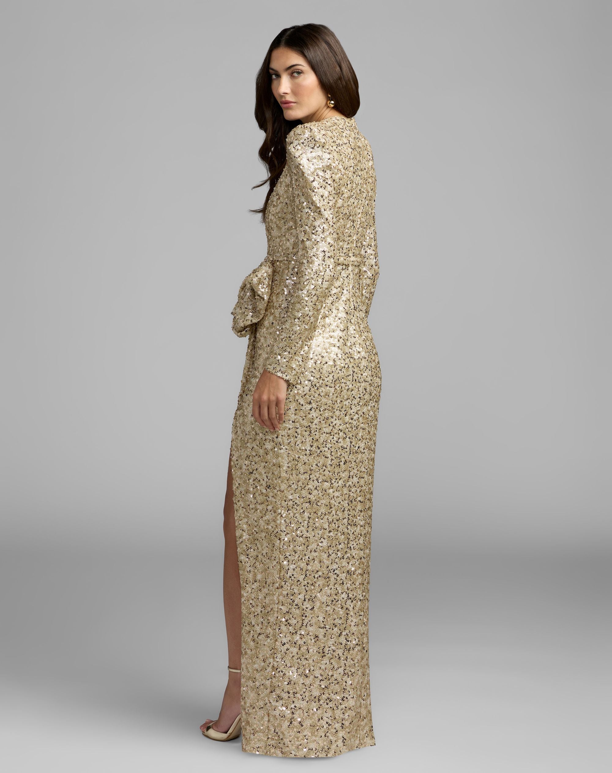 Mac Duggal #27852 champagne sequin gown back view