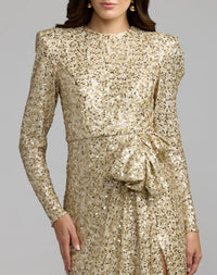 Mac Duggal #27852 champagne sequin gown bow detail