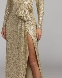 Mac Duggal #27852 champagne sequin gown thigh-high slit detail