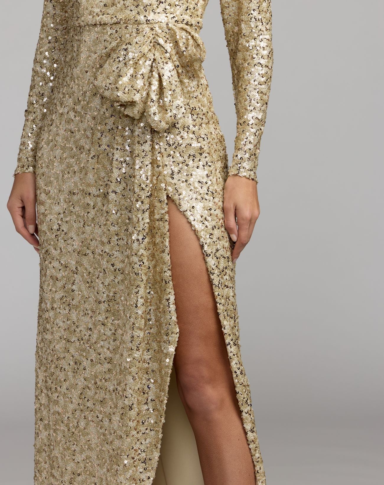 Mac Duggal #27852 champagne sequin gown thigh-high slit detail