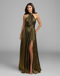 Mac Duggal #27857 gold metallic pleated mock neck gown