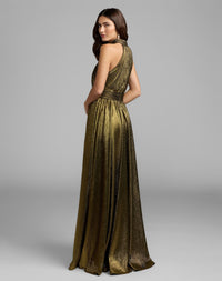 Mac Duggal #27857 gold metallic pleated mock neck gown