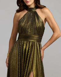 Mac Duggal #27857 gold metallic pleated mock neck gown