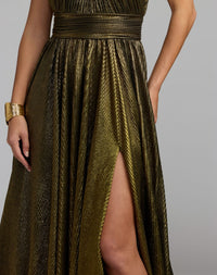 Mac Duggal #27857 gold metallic pleated mock neck gown