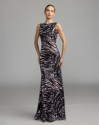 Mac Duggal #27860 tiger multi cowl back sequin gown