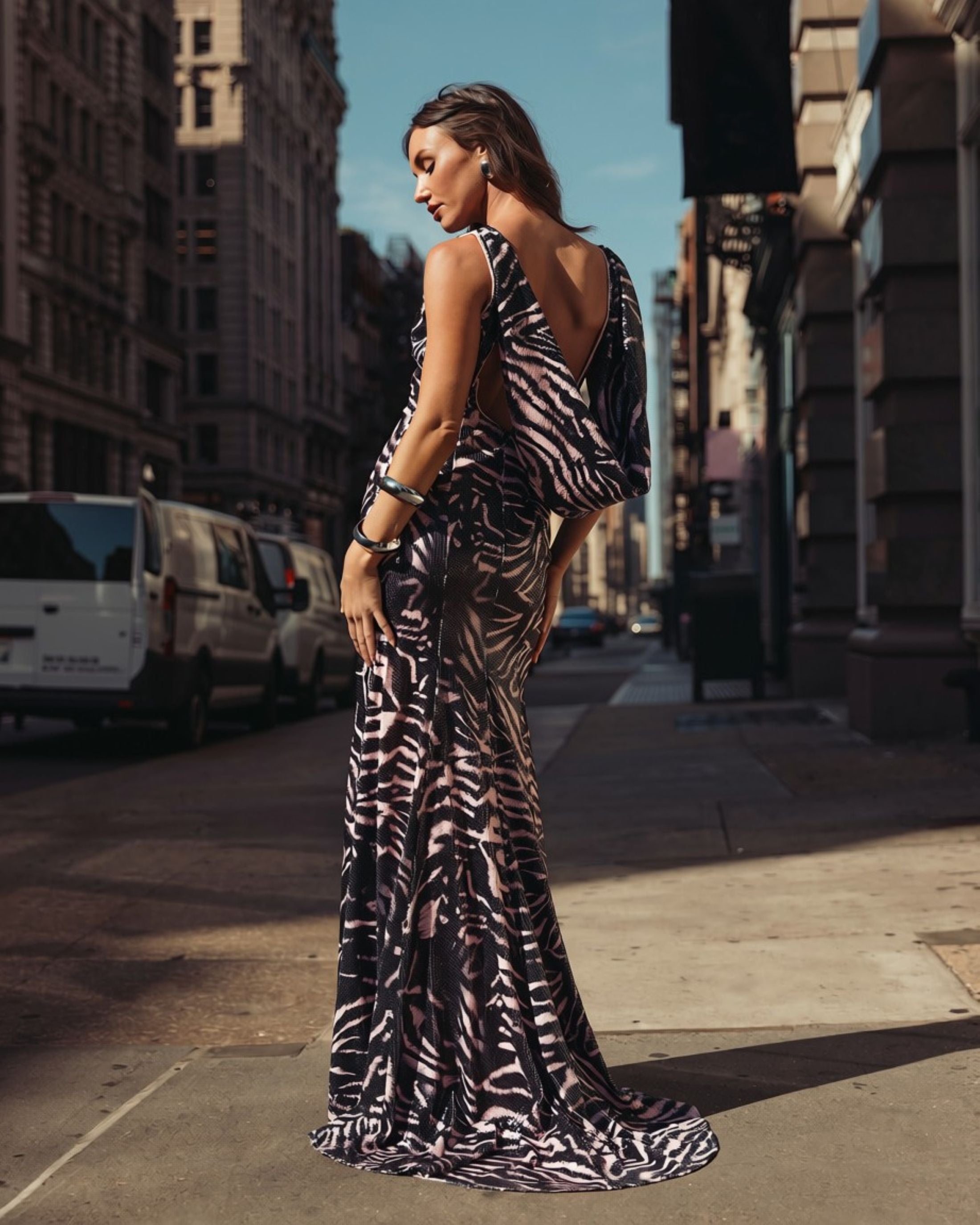Mac Duggal #27860 tiger multi cowl back lifestyle