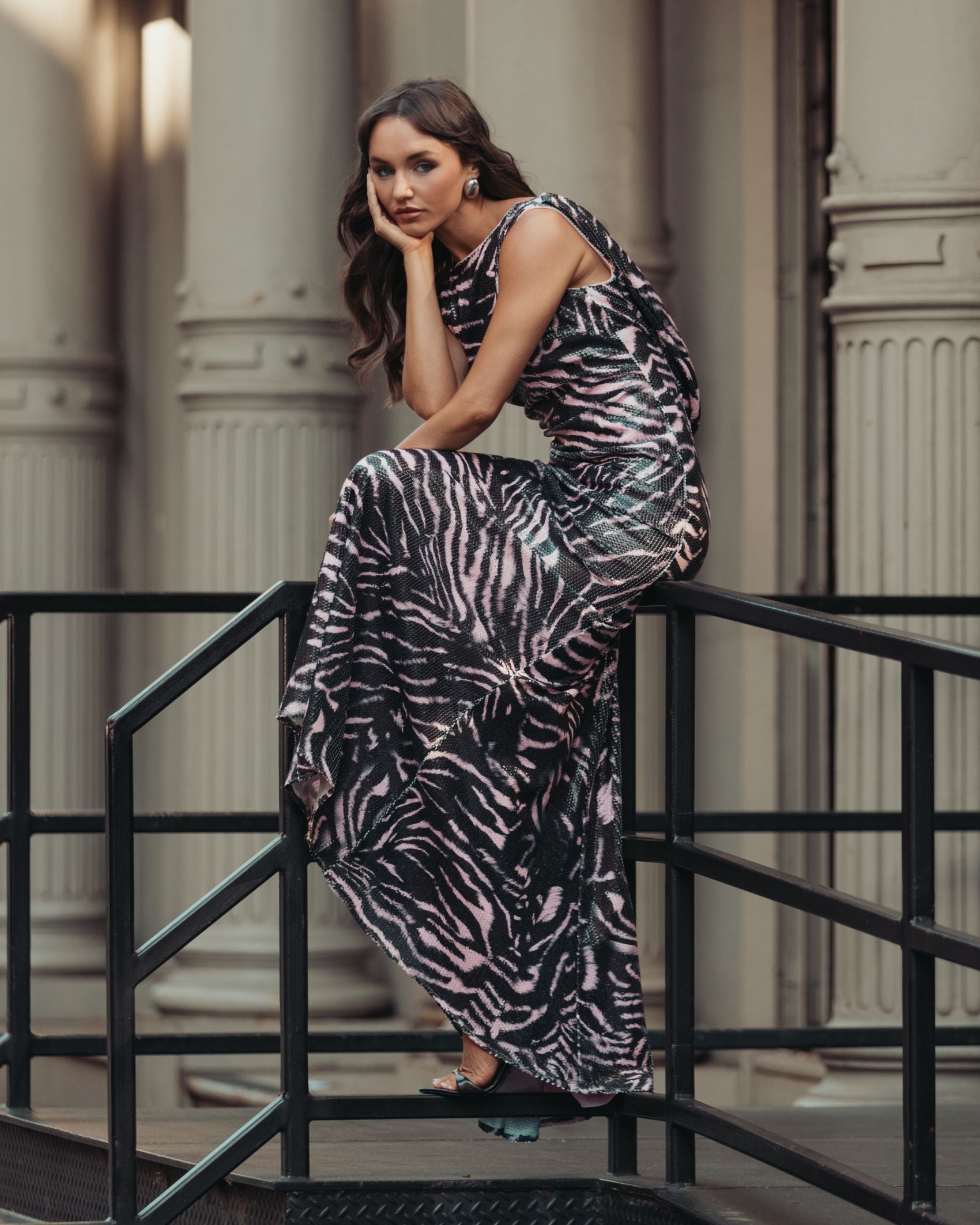 Mac Duggal #27860 tiger multi sequin gown lifestyle