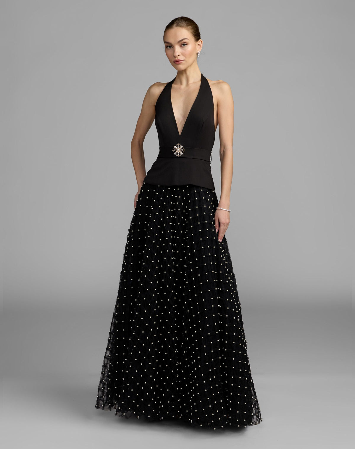 Mac Duggal #27865 black halter pearl embellished a-line gown
