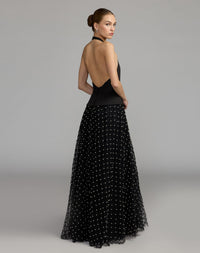 Mac Duggal #27865 black halter pearl embellished a-line gown