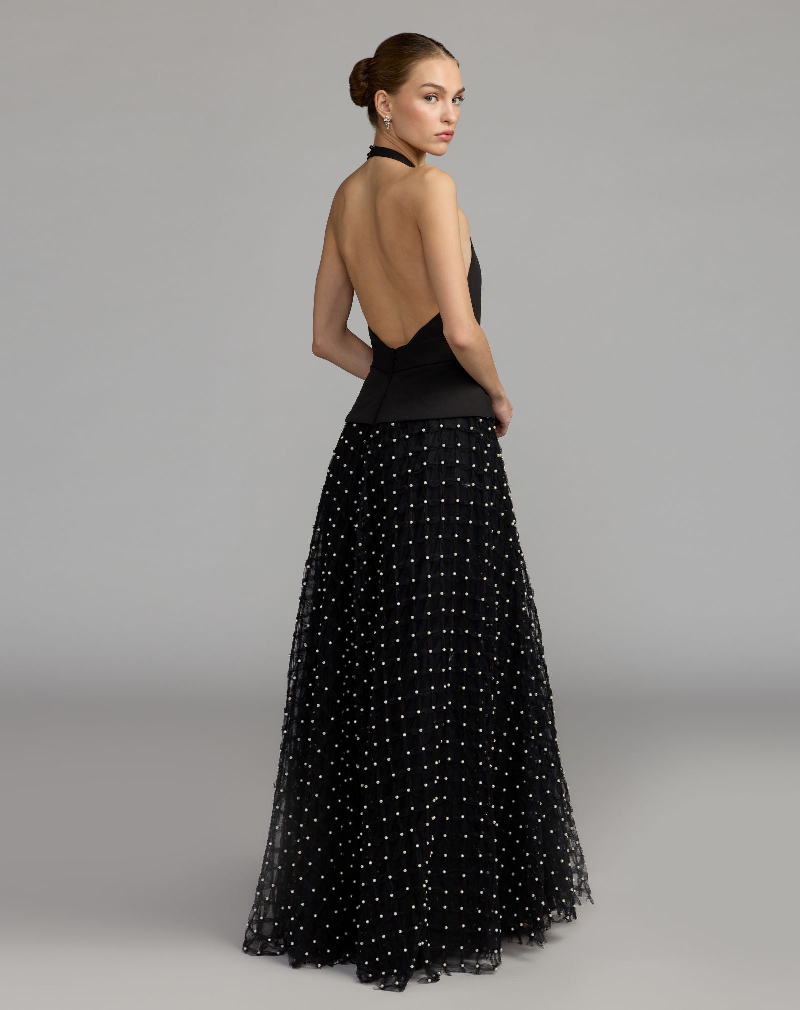 Mac Duggal #27865 black halter pearl embellished a-line gown