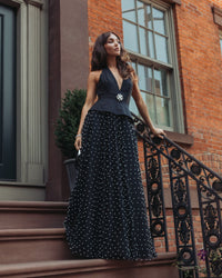 Mac Duggal #27865 black halter pearl embellished a-line gown