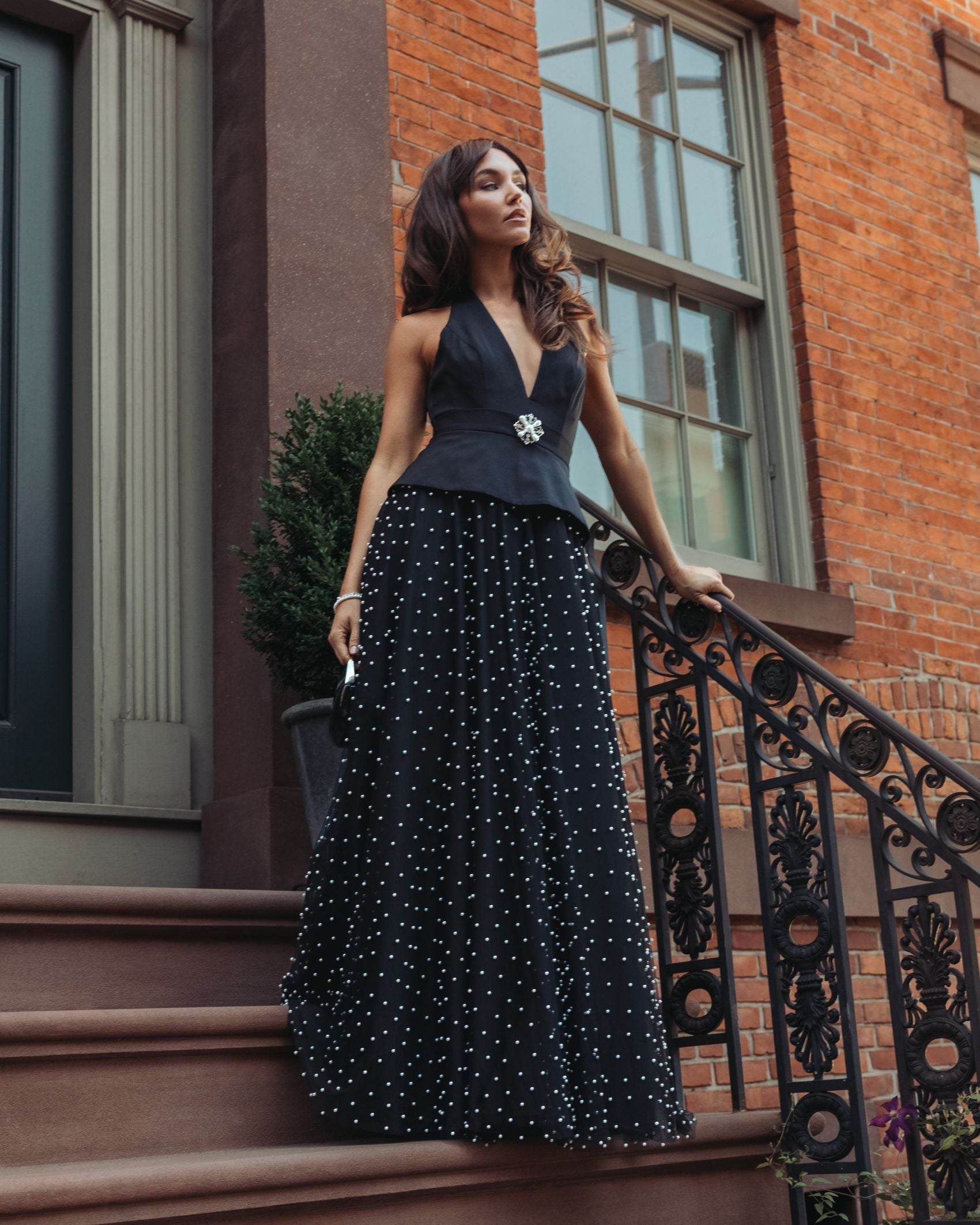 Mac Duggal #27865 black halter pearl embellished a-line gown