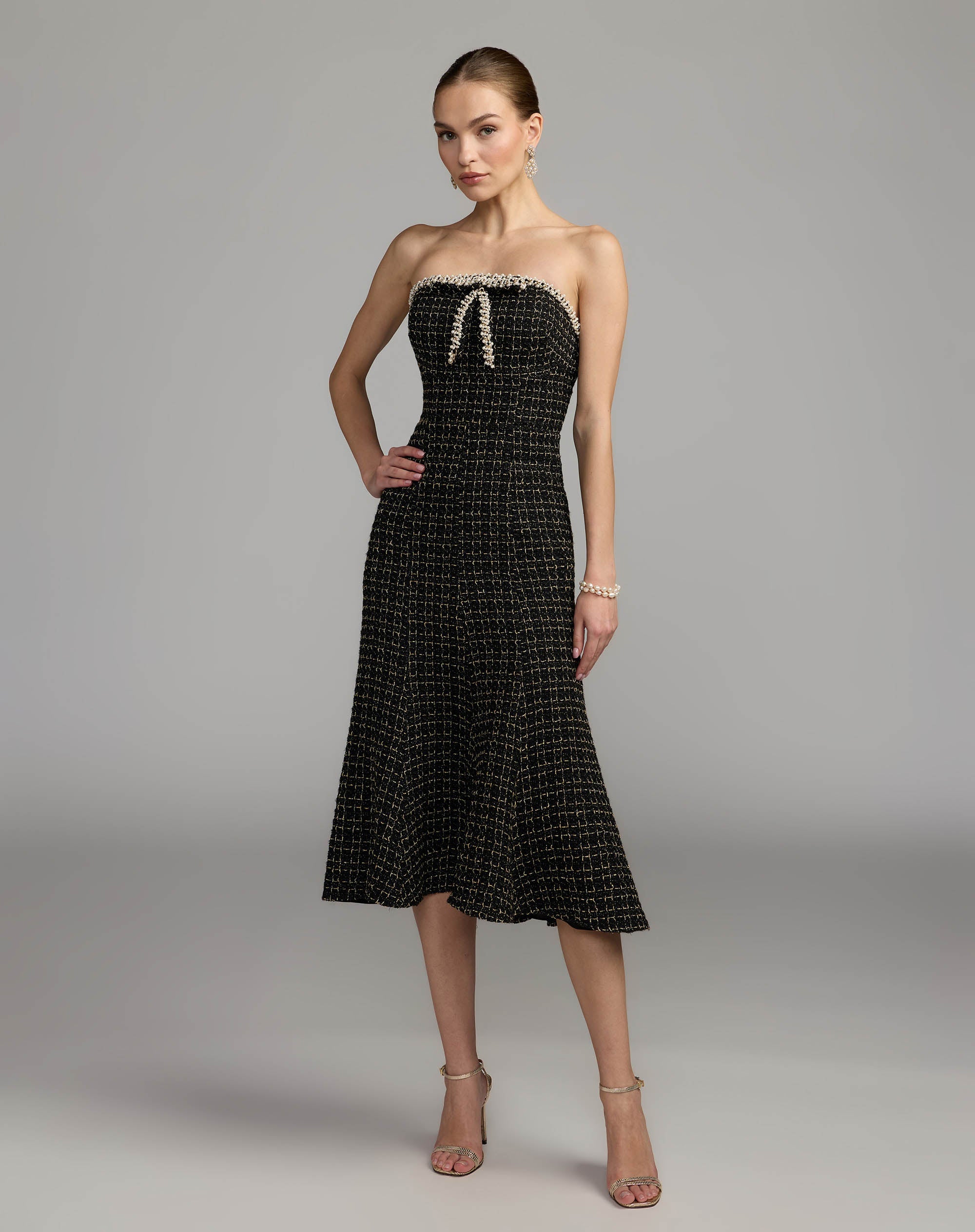 Mac Duggal #27868 black gold pearl trim boucle midi dress