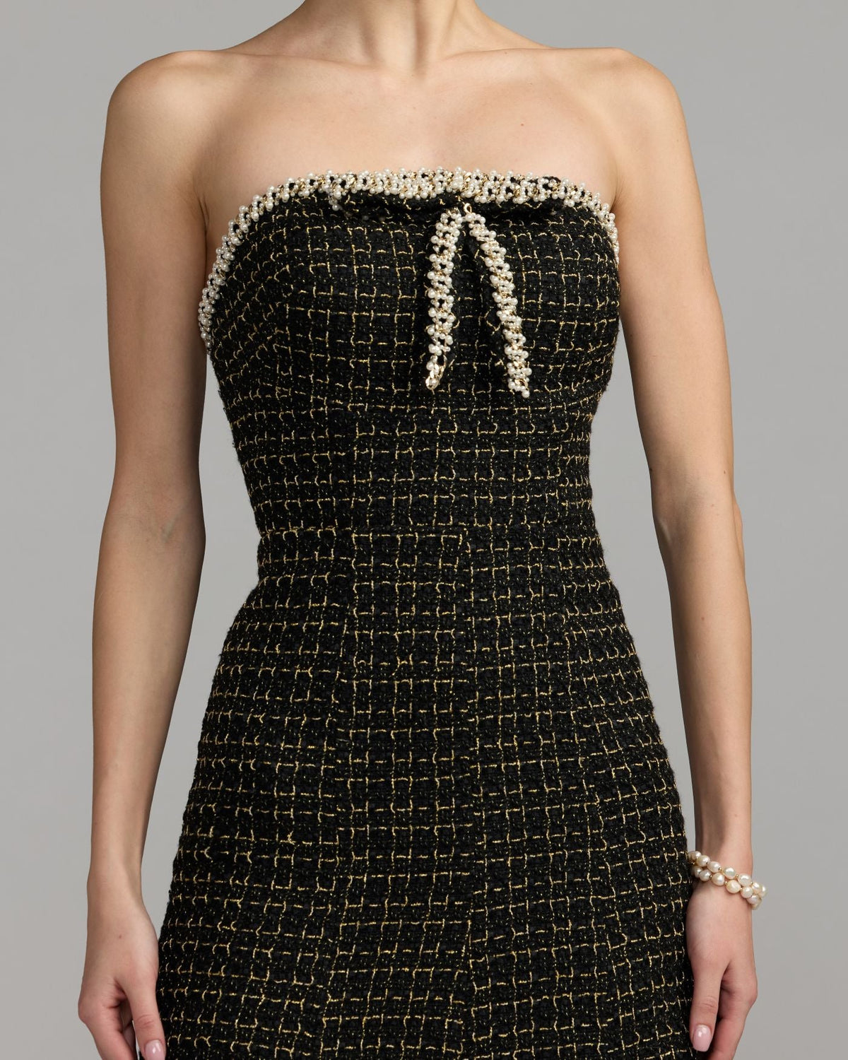 Mac Duggal #27868 black gold pearl trim detail