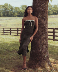 Mac Duggal #27868 black gold boucle midi dress lifestyle