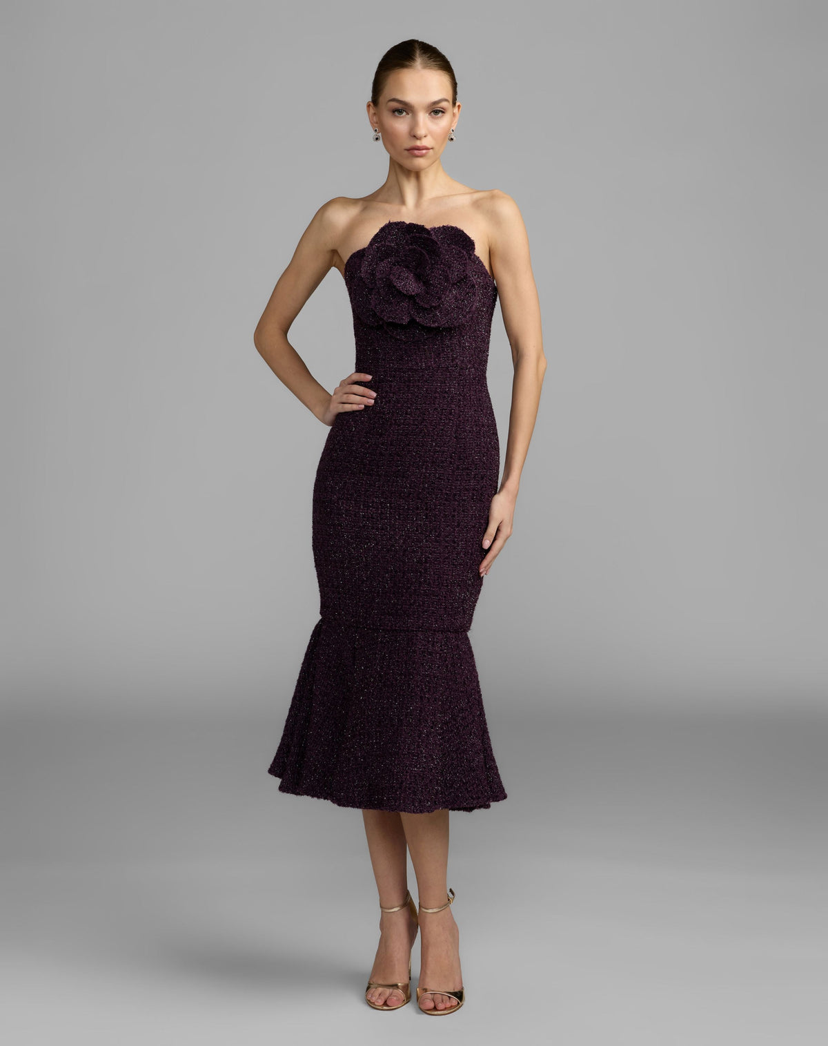 Mac Duggal #27869 aubergine boucle strapless midi dress with 3D flower