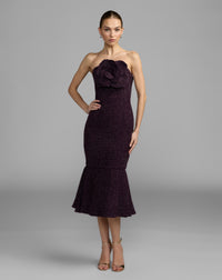 Mac Duggal #27869 aubergine boucle strapless midi dress with 3D flower