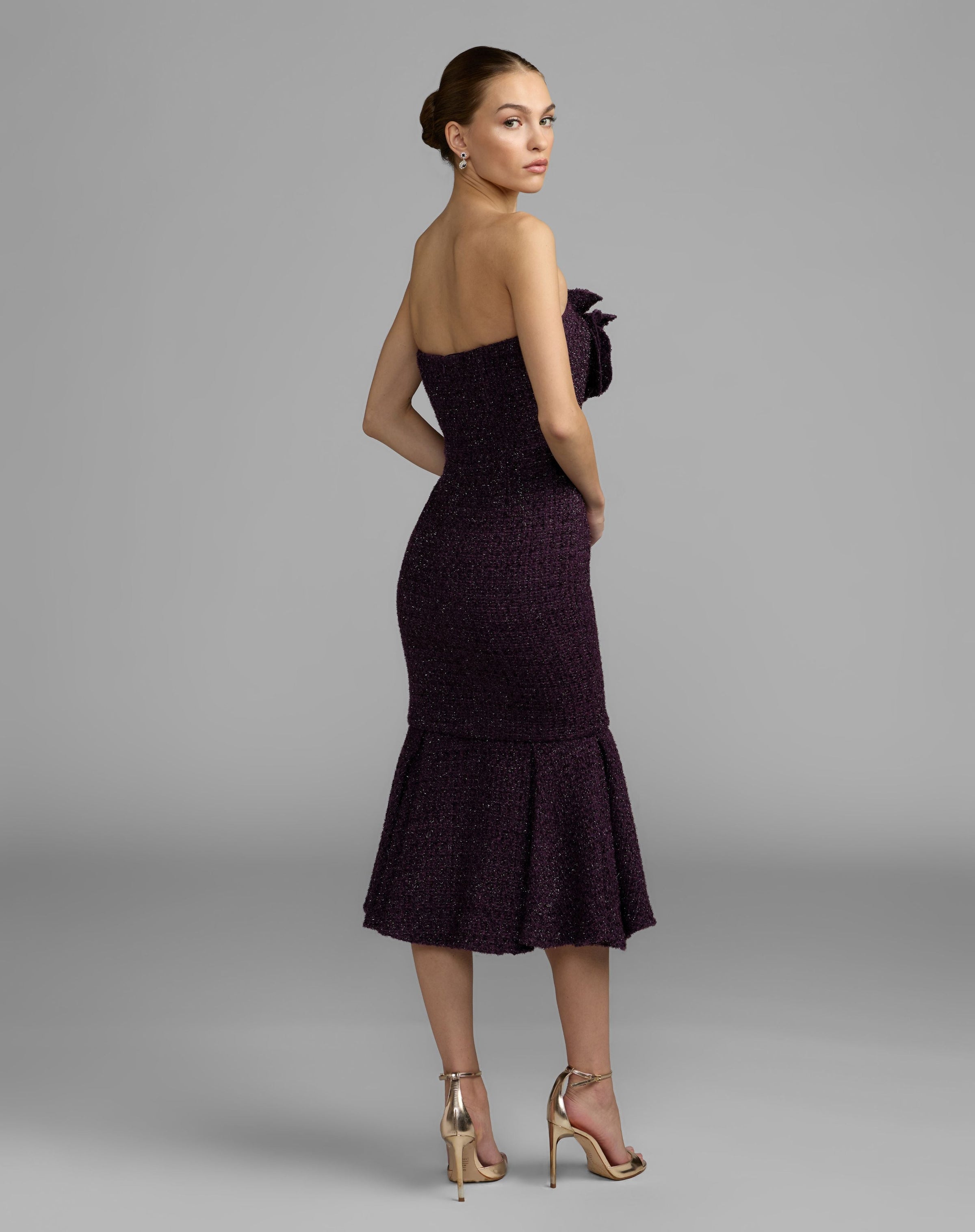 Mac Duggal #27869 aubergine strapless midi dress back view