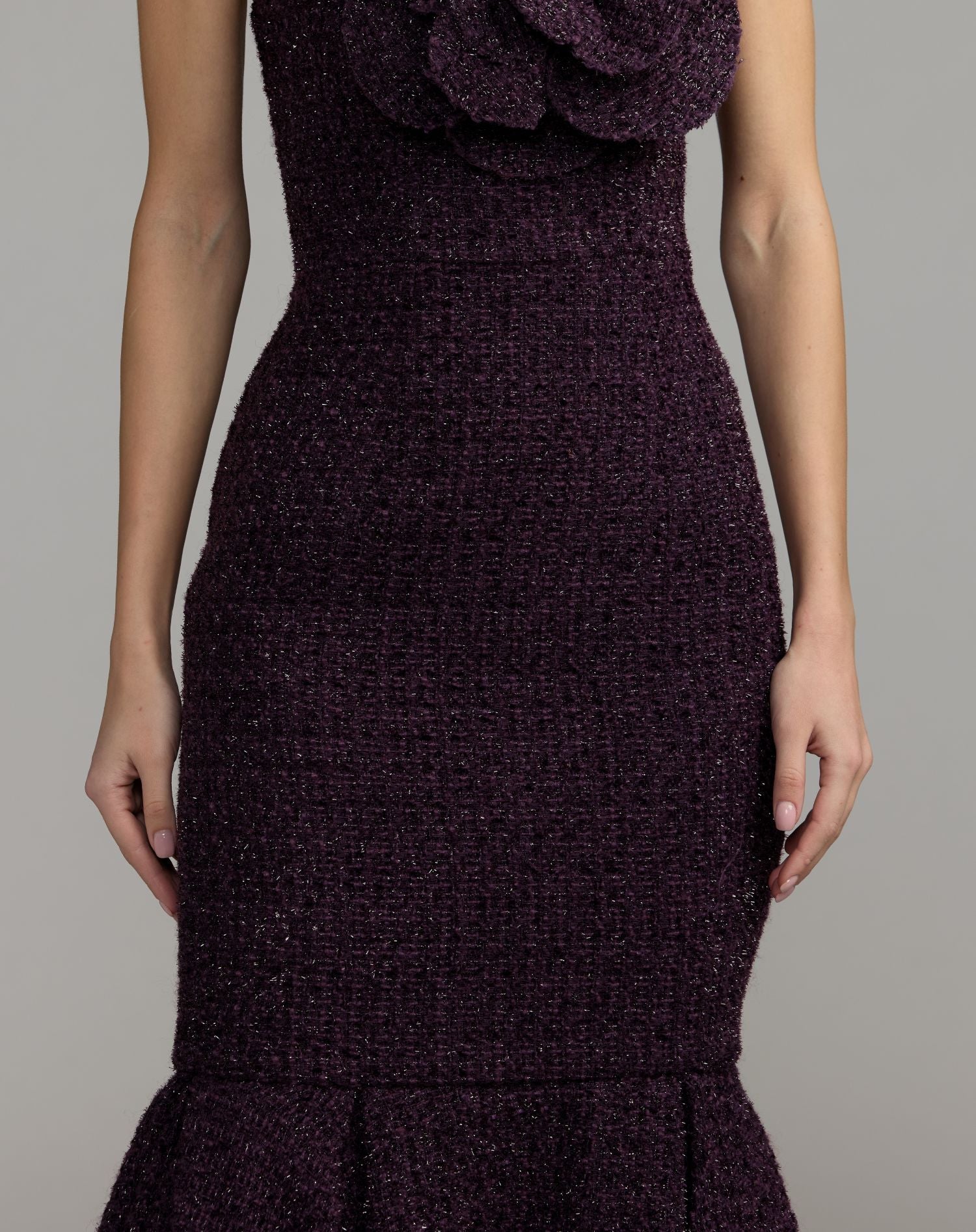 Mac Duggal #27869 aubergine 3D flower bodice detail