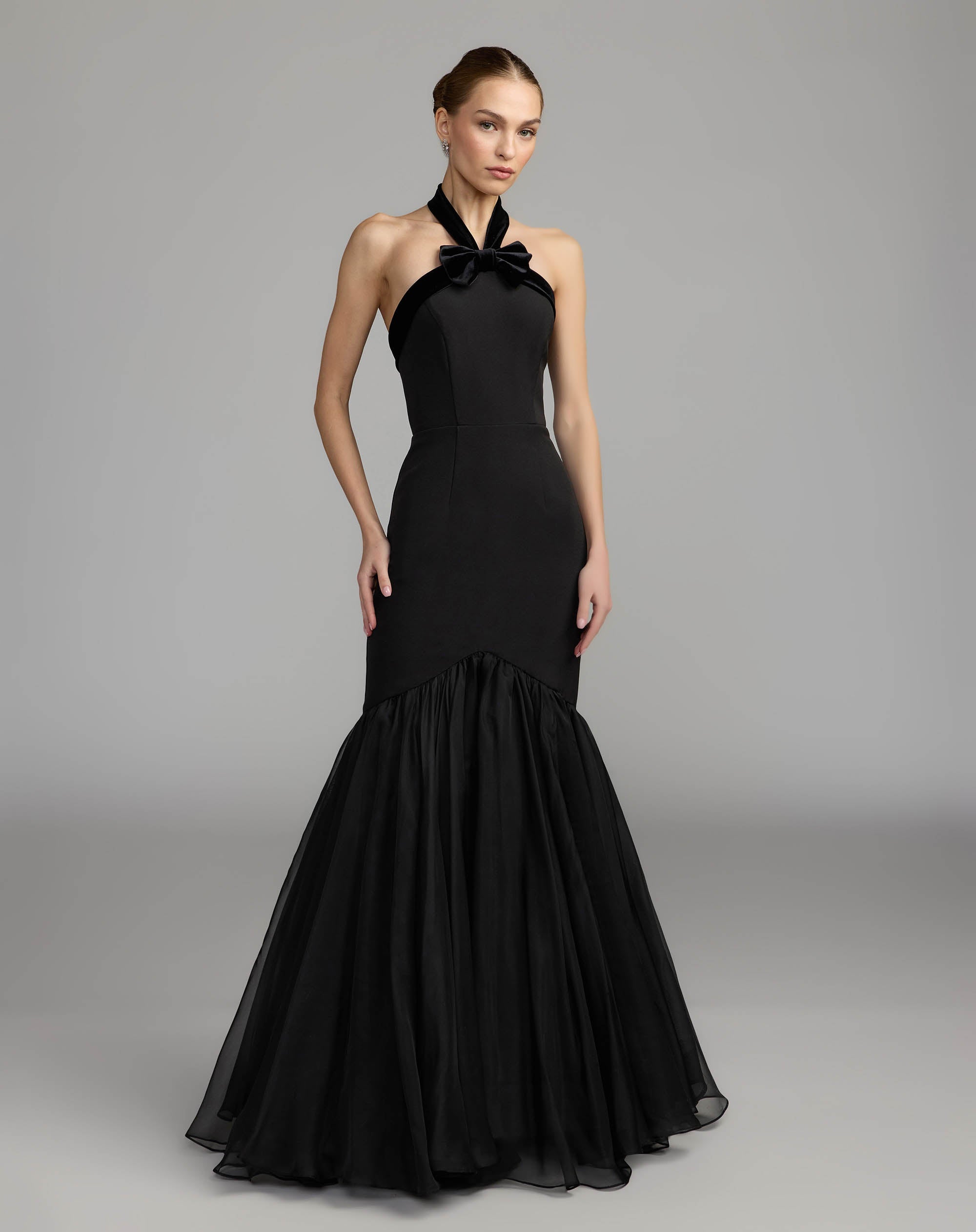 Mac Duggal #27874 black halter neck mermaid gown with bow