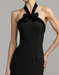 Mac Duggal #27874 black velvet bow halter neckline detail