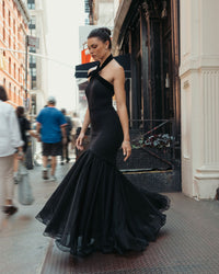 Mac Duggal #27874 black halter mermaid gown lifestyle detail