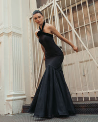 Mac Duggal #27874 black halter mermaid gown lifestyle