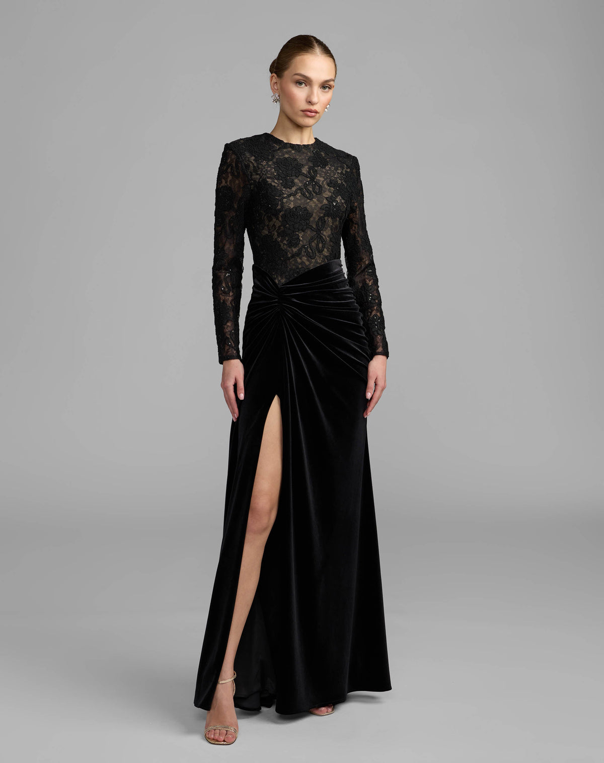 Mac Duggal #27875 black nude embroidered lace velvet long sleeve gown