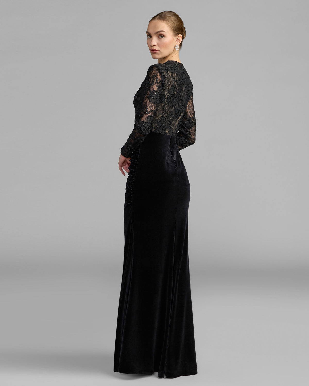 Mac Duggal #27875 black nude embroidered lace velvet long sleeve gown back view