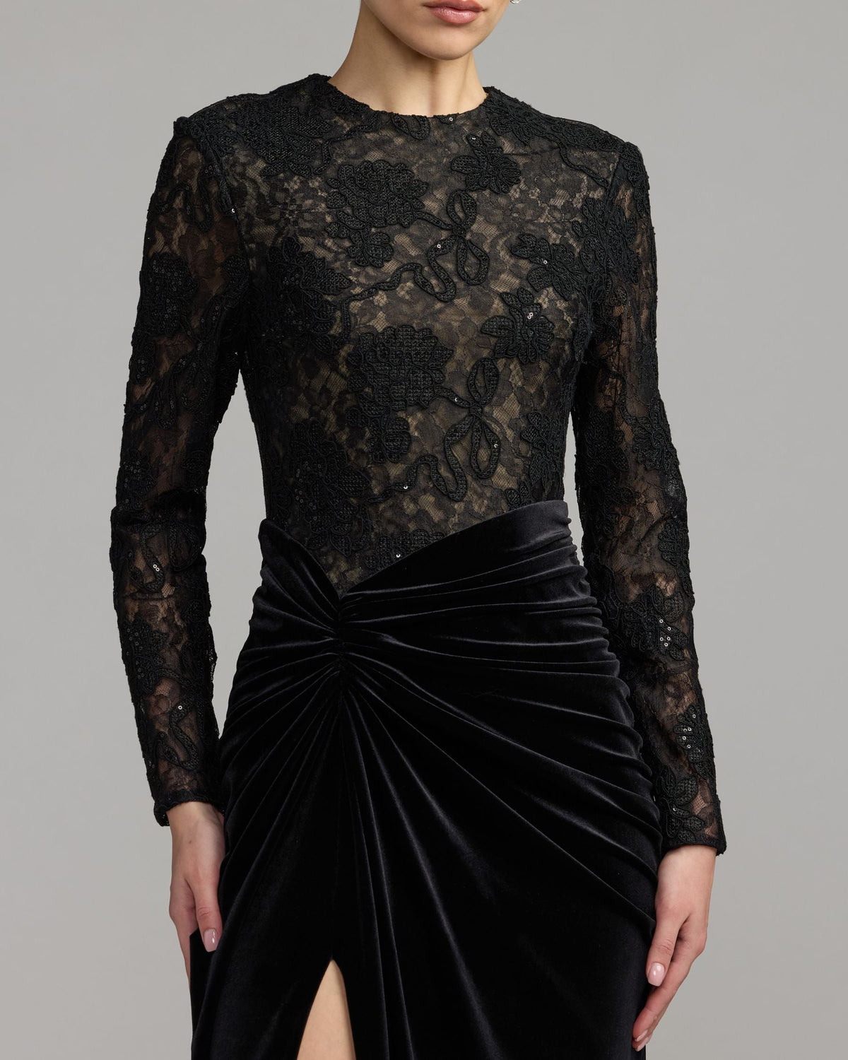 Mac Duggal #27875 black nude embroidered lace velvet long sleeve gown close-up