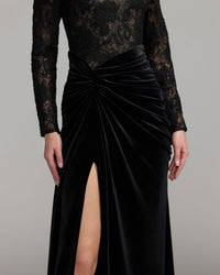 Mac Duggal #27875 black nude embroidered lace velvet long sleeve gown close-up