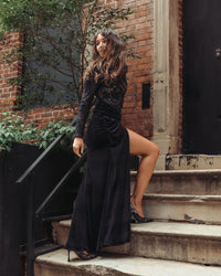 Mac Duggal #27875 black nude embroidered lace velvet long sleeve gown lifestyle