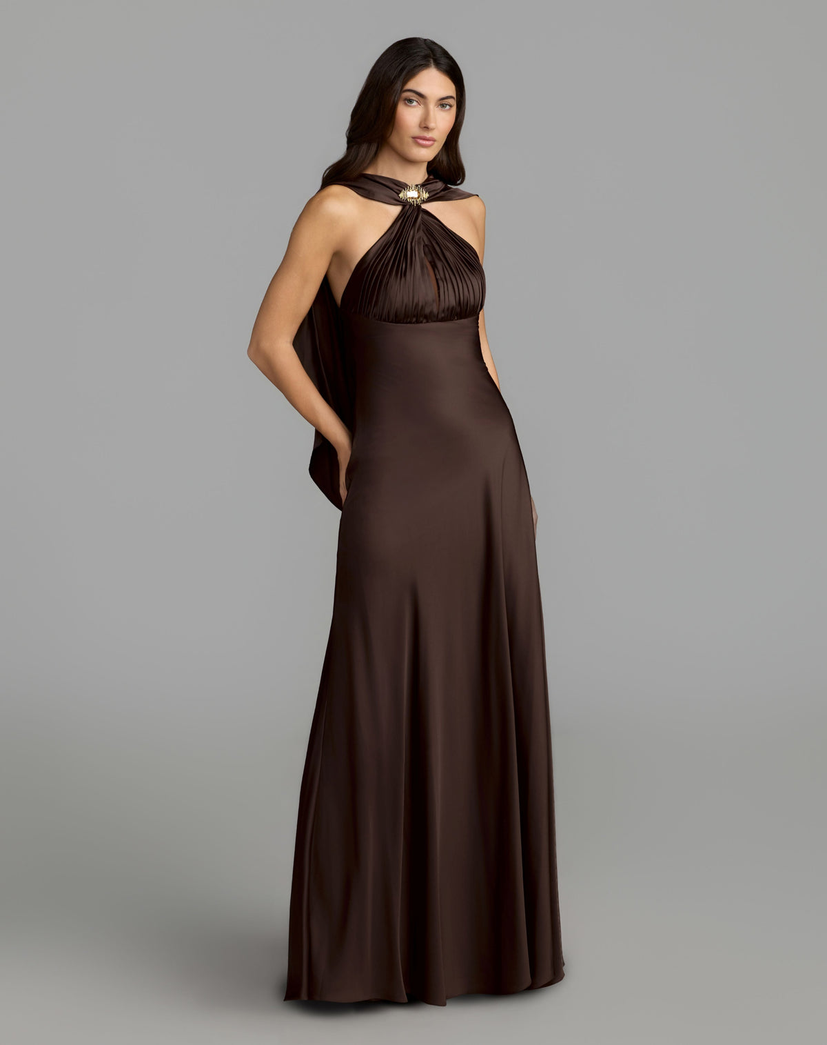 Mac Duggal #27878 chocolate charmeuse cowl back halter gown