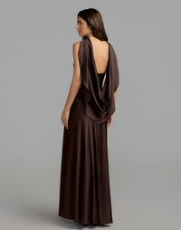 Mac Duggal #27878 chocolate charmeuse gown draped cowl back view