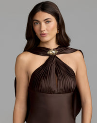 Mac Duggal #27878 chocolate charmeuse gown jewelled brooch detail