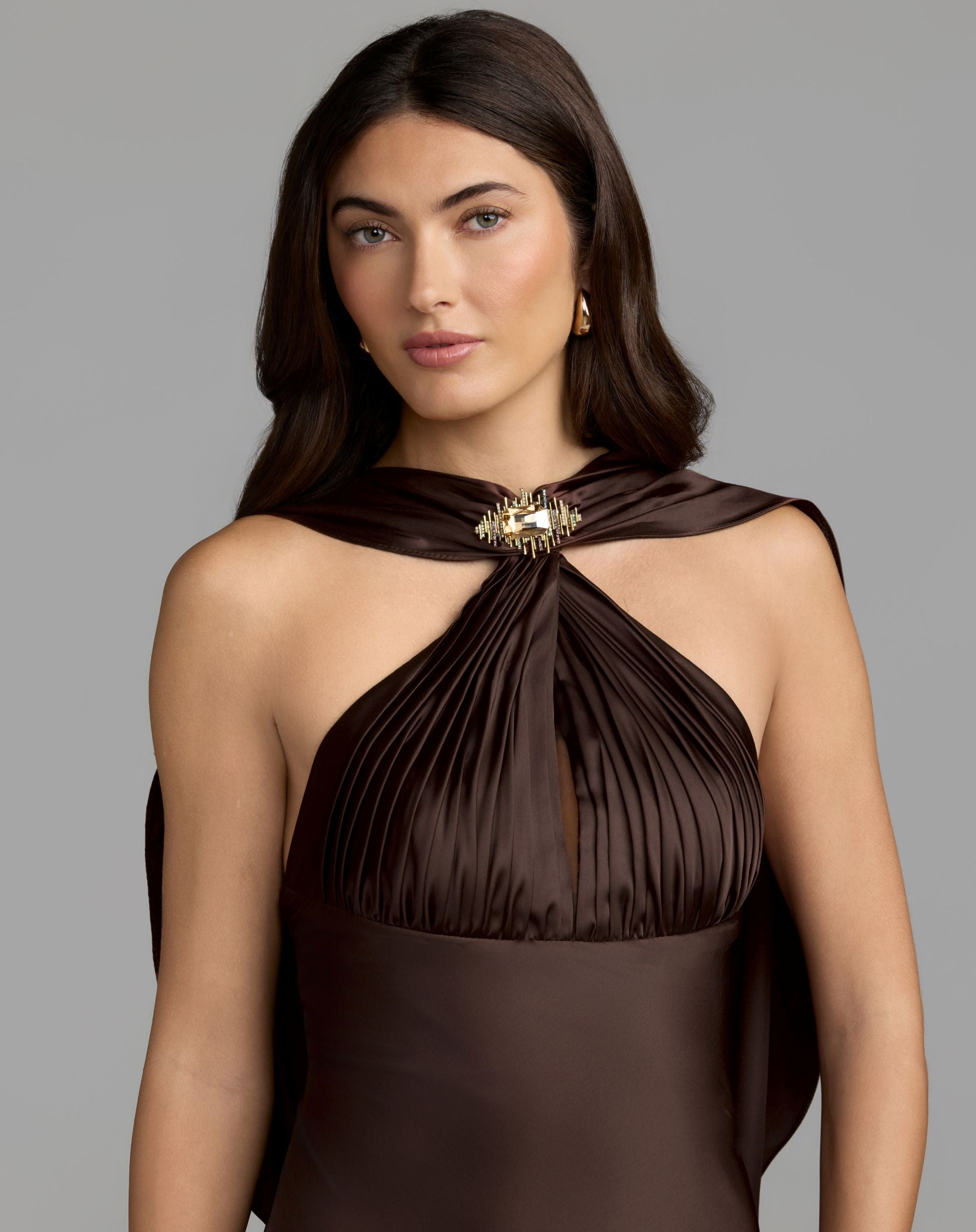 Mac Duggal #27878 chocolate charmeuse gown jewelled brooch detail