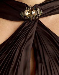 Mac Duggal #27878 chocolate charmeuse gown pleated halter bodice detail