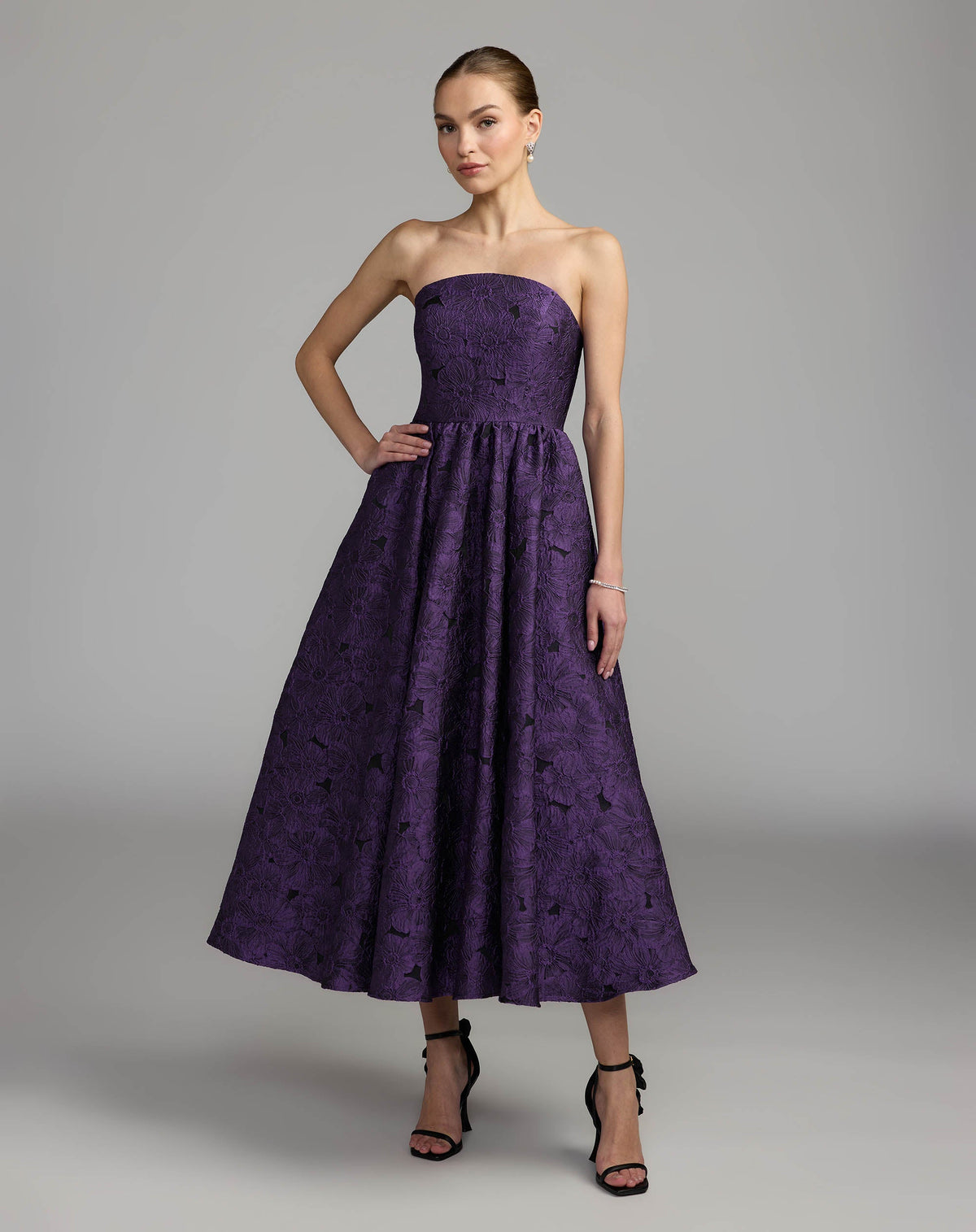 Mac Duggal #27880 ultra violet floral brocade strapless midi dress