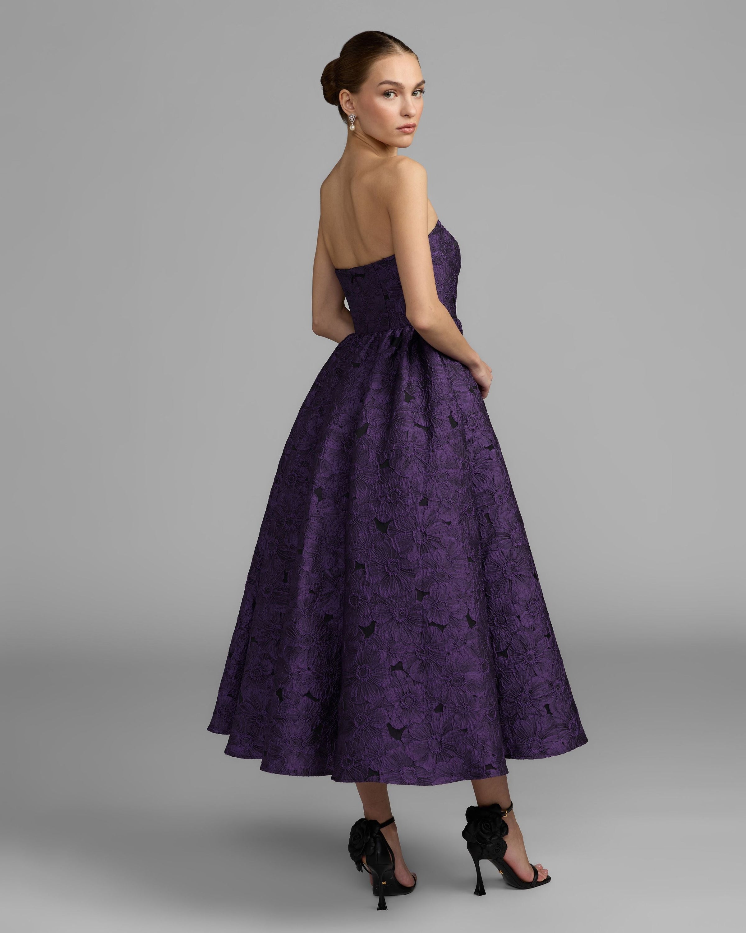 Mac Duggal #27880 ultra violet brocade midi dress back view