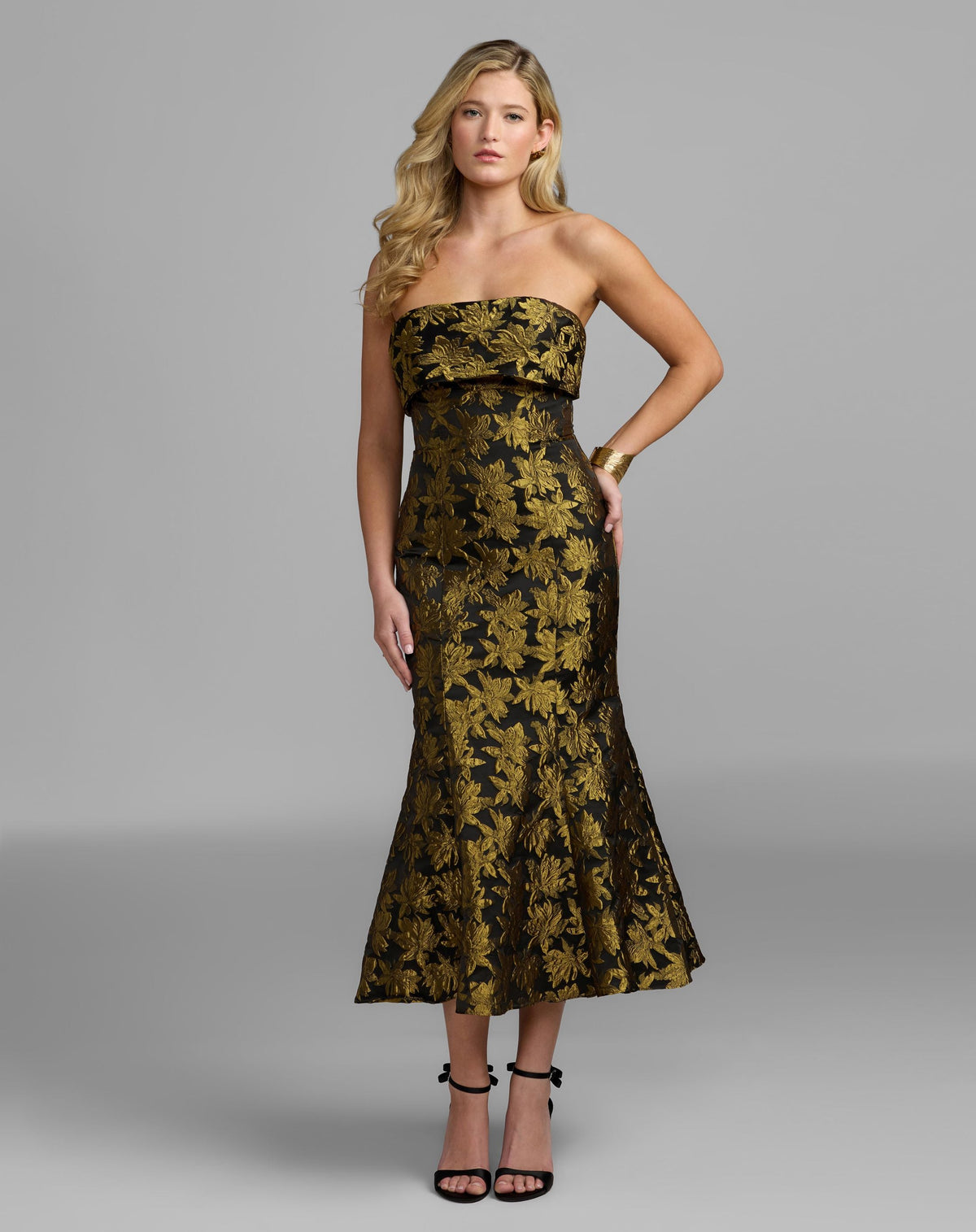 Mac Duggal #27881 yellow multi metallic strapless brocade mermaid midi dress