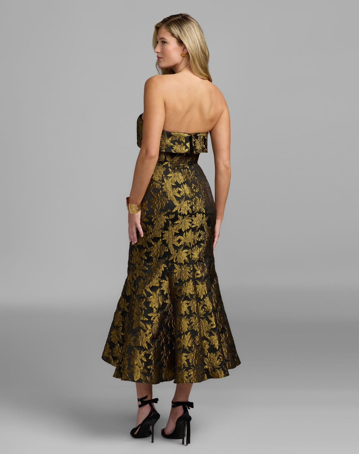 Mac Duggal #27881 yellow multi metallic strapless brocade mermaid midi dress