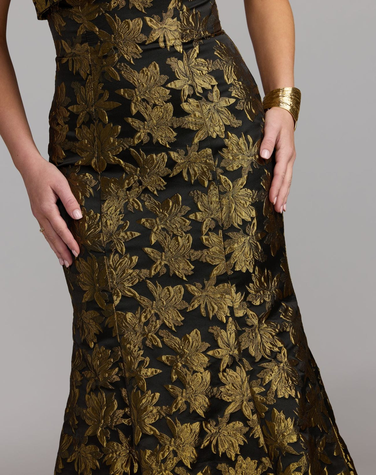 Mac Duggal #27881 yellow multi metallic strapless brocade mermaid midi dress