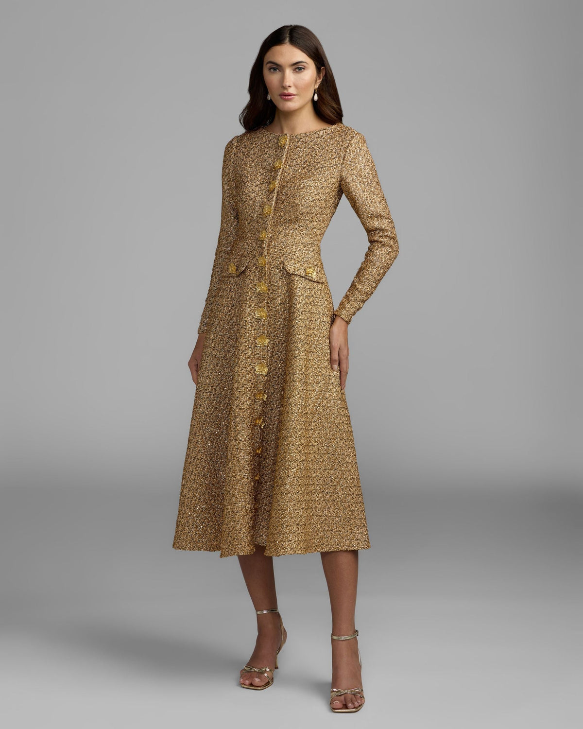 Mac Duggal #27888 gold metallic sequin bouclé midi dress