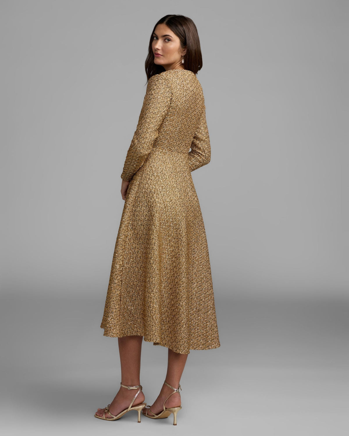 Mac Duggal #27888 gold metallic sequin bouclé midi dress